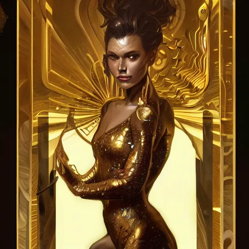 Image similar to Sandman with a gold suit, portrait, intricate, elegant, highly detailed, digital painting, artstation, concept art, smooth, sharp focus, illustration, art by artgerm and greg rutkowski and alphonse mucha