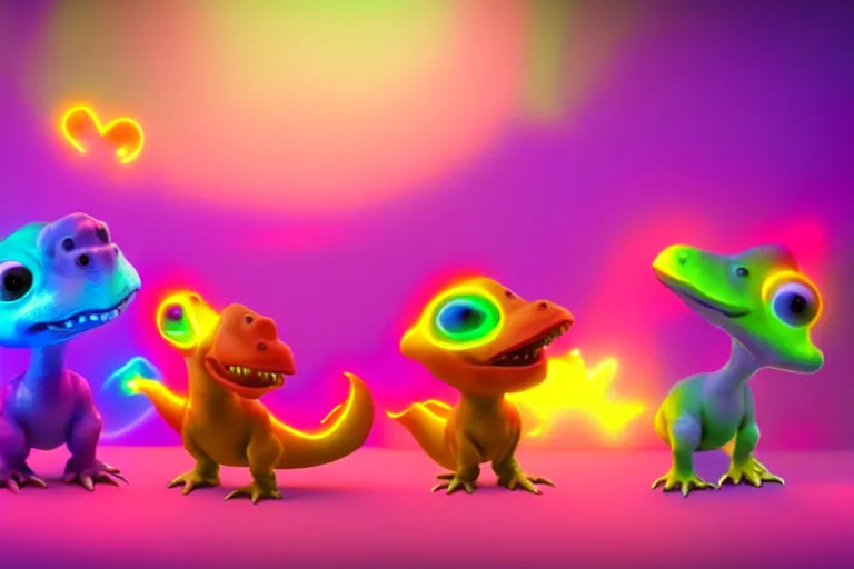 Prompt: pixar designed cute, smiling chibi style baby dinosaurs made entirely out of glowing electrified hypercolor plasma, having fun inside a psychedelic realm made entirely out of love and acceptance and hypercolors. astral beings sharing love. renderman, ray tracing, symmetrical faces, 3 d models
