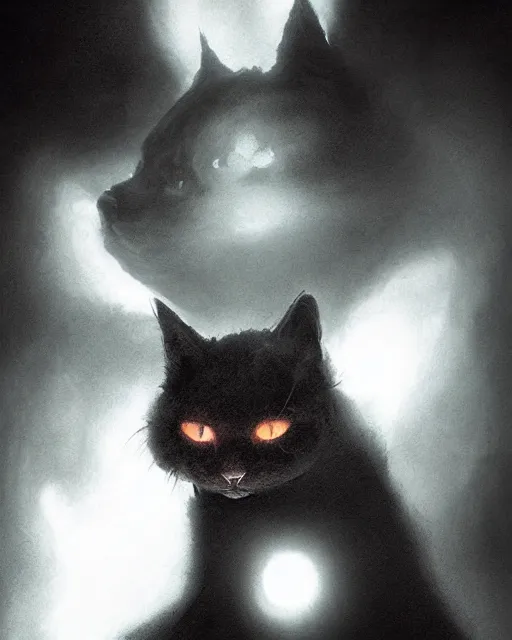 Image similar to Cat made out of shadows and fog, sneaking, portrait, dark fur, glowing eyes, horror, magic the gathering artwork, D&D, fantasy, cinematic lighting, centered, symmetrical, highly detailed, digital painting, artstation, concept art, smooth, sharp focus, illustration, volumetric lighting, epic Composition, 8k, art by Akihiko Yoshida and Greg Rutkowski and Craig Mullins, oil painting, cgsociety