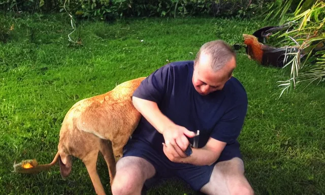 Prompt: My dad just took a hit from the bongo and have good time being gracefully relaxed in the garden, sunset lighting