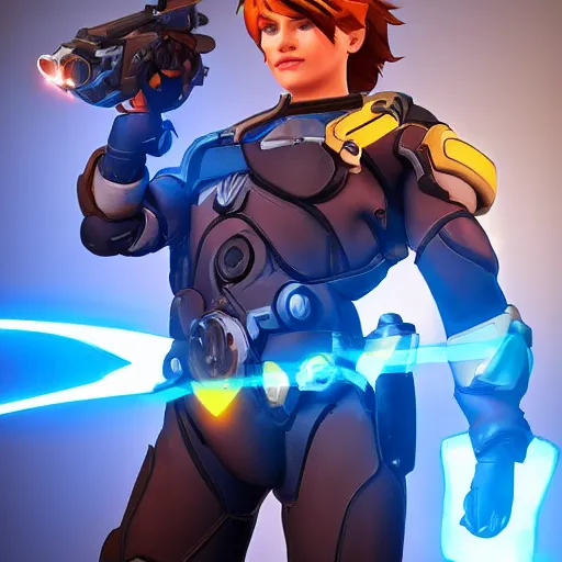 Image similar to a screenshot of arnold schwarzenegger as tracer in overwatch