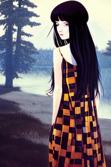 Prompt: mysterious girl with her long black hair dressed in a chequered cloak anime art style, digital art by ilya kuvshinov, inspired by balthus, hd, 4 k, hyper detailed