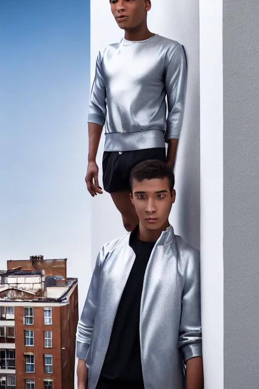 Image similar to un ultra high definition studio quality photographic art portrait of a young man standing on the rooftop of a british apartment building wearing soft padded silver pearlescent clothing. three point light. extremely detailed. golden ratio, ray tracing, volumetric light, shallow depth of field. set dressed.