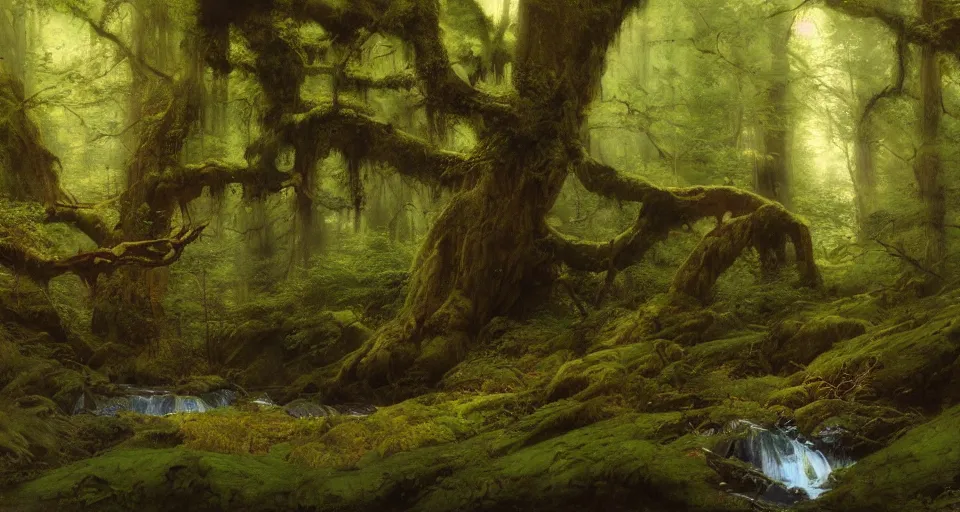 Prompt: ancient oak forest, hemlocks, moss, stream, intricate, vivid colors, elegant, highly detailed, richard schmid, john park, frazetta, john howe, ruan jia, jeffrey catherine jones