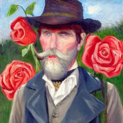 Image similar to an impressionist painting of a tall man with blue eyes that is wearing a wide brim hat and a leather vest. He is holding a revolver in his left hand and a rose is in his right hand. He is standing in a field of roses. He does not have facial hair.