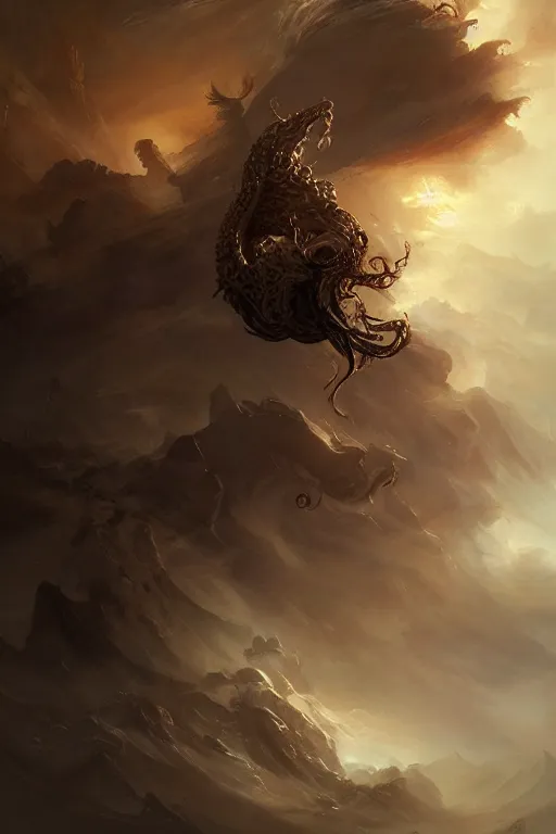 Image similar to art masterpice, cthulu descending from the clouds, intricate, beautiful cinematic lighting, stunning painting by artgerm, caravaggio, android jones, wadim kashin