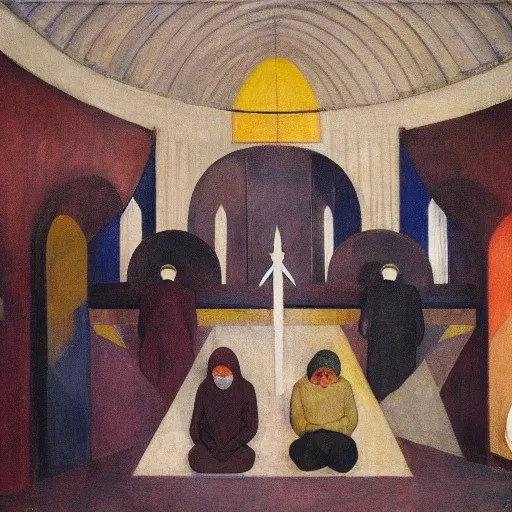 Image similar to scene,prayer,occult,refugees,mosque synagogue interior,masks,geometric art,prism,patina,edward hopper,hilma af klint