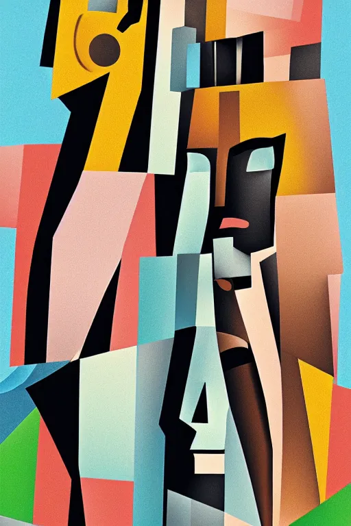 Image similar to cubist moai statue cutout digital illustration cartoon colorful beeple