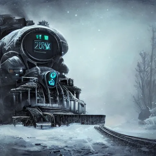 Image similar to an intricate futuristic black steam train and a giant mammoth, post - apocalyptic ice landscape in snowstorm, concept art, artstation, highly detailed, digital art