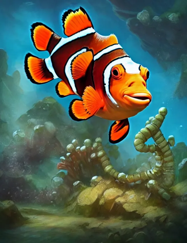 Image similar to a bipedal clownfish that is wearing full iron plate armor, and holding a colossal sword, over his shoulder, as a matte oil painting and d & d character art, standing, fullbody, bubbles, anemone, tall kelp, award - winning, extremely detailed, sharp focus