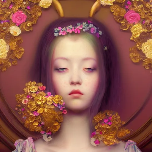 Image similar to 8k, octane render, realism, tonalism, renaissance, rococo, baroque, portrait of a young lady wearing long harajuku manga dress with flowers and skulls, background chaotic gold leaf flowers