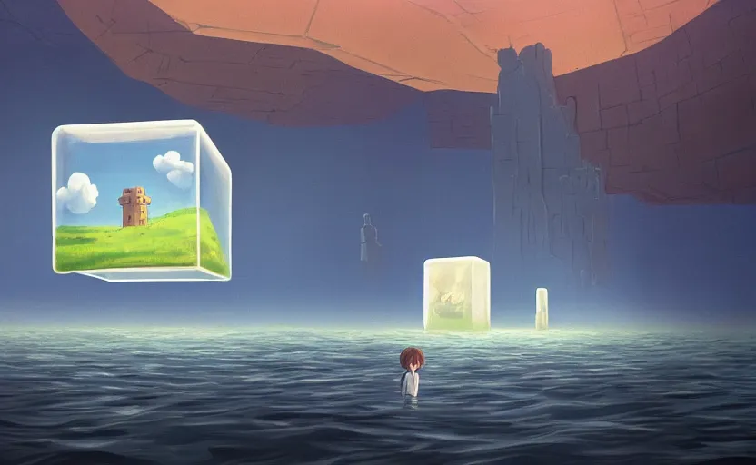 Image similar to hyperrealist painting of a cube inside a giant transparent bubble from howl's moving castle ( 2 0 0 4 ) in a flooded monument valley stonehenge jungle. 1 9 7 0 s science fiction, moody, misty, depth perception, 4 k, artstation, in the style of studio ghibli