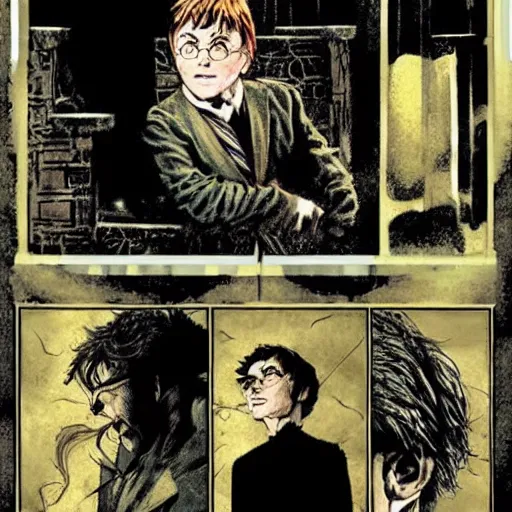 Image similar to in one frame Harry Potter with Sandman in The Sandman comic, beautiful faces, by Neil Gaiman, by Dave McKean, comics Sandman, small details, clear faces, high detail