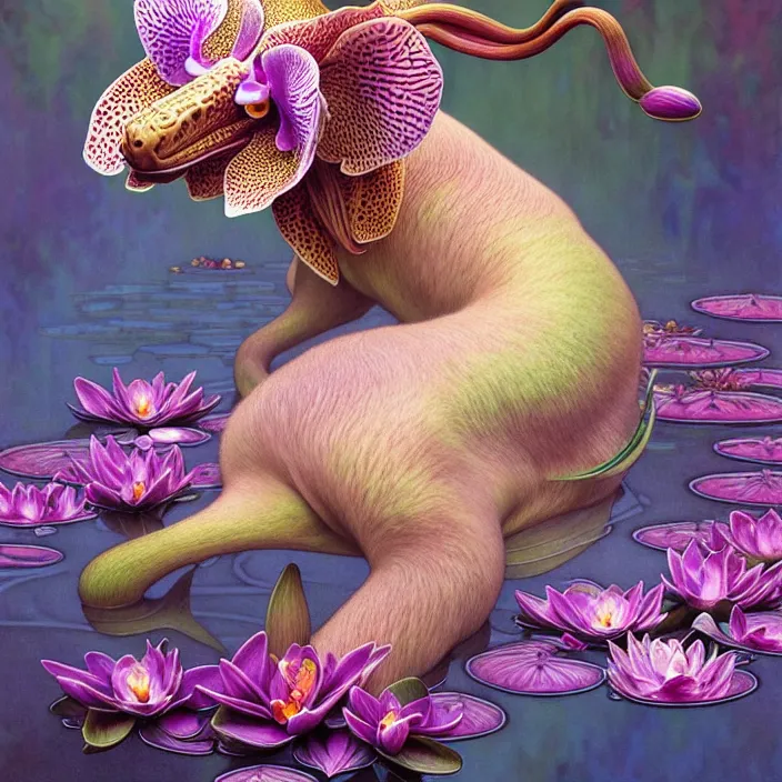 Image similar to psychedelic animal made of orchid on pond of waterlilies, diffuse lighting, fantasy, intricate, elegant, highly detailed, lifelike, photorealistic, digital painting, artstation, illustration, concept art, smooth, sharp focus, art by John Collier and Albert Aublet and Krenz Cushart and Artem Demura and Alphonse Mucha