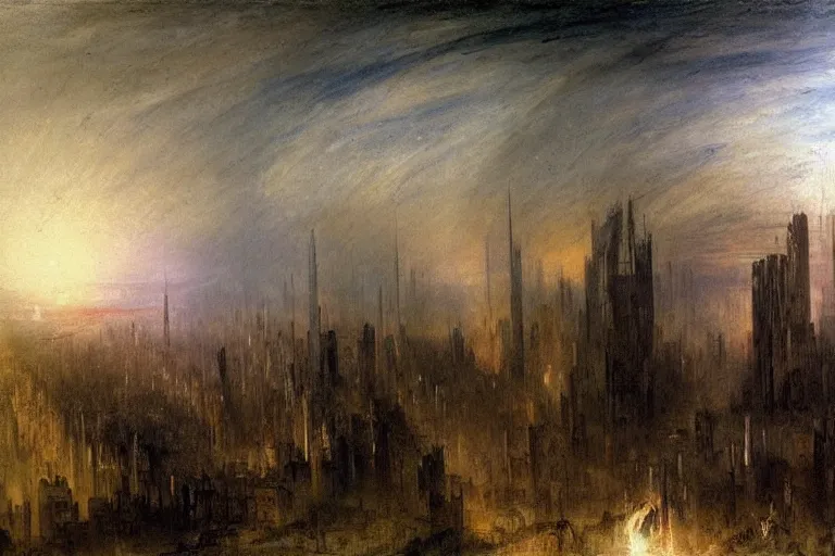 Image similar to cyberpunk post-apocalyptic city landscape with hooded figure painted by William Turner 1860