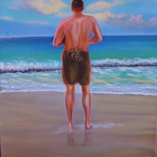 Prompt: oil painting of a man on a beach seeing cthulhu in the distance, horror, creepy, highly detailed, award winning, eldritch,