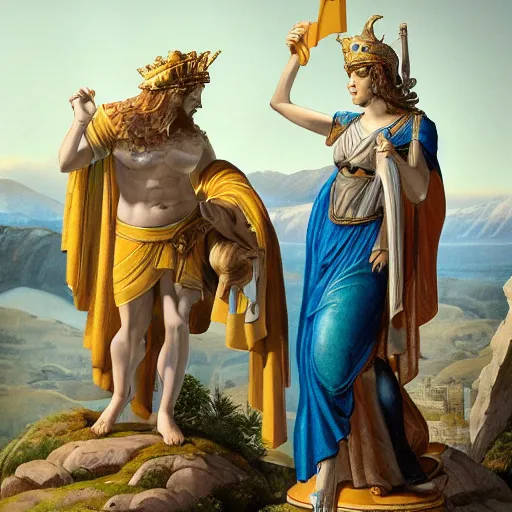 Image similar to photo of the goddess athena talking with odysseus, laughing and nodding, photorealistic, prizewinning photo, ultradetailed, cloudy day lighting