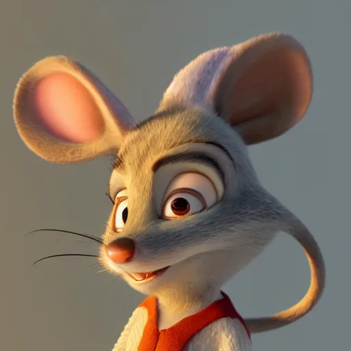 Image similar to 3 d render, portrait, anthropomorphic mouse, female, in a maxi white dress, in the style of zootopia, closeup, artstation