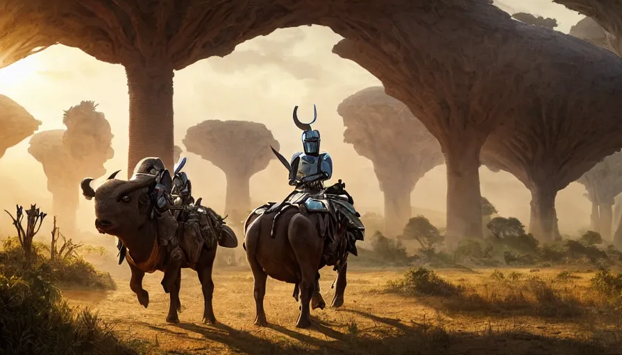 Image similar to mandalorian riding a buffalo through madagascar with baobabs trees, animals chasing, action scene, an epic fantasy, artgerm and greg rutkowski and alphonse mucha, an epic fantasy, volumetric light, detailed, establishing shot, cinematic, photorealistic, hyper detailed, ultra realistic, trending on art station, octane render, midsommar