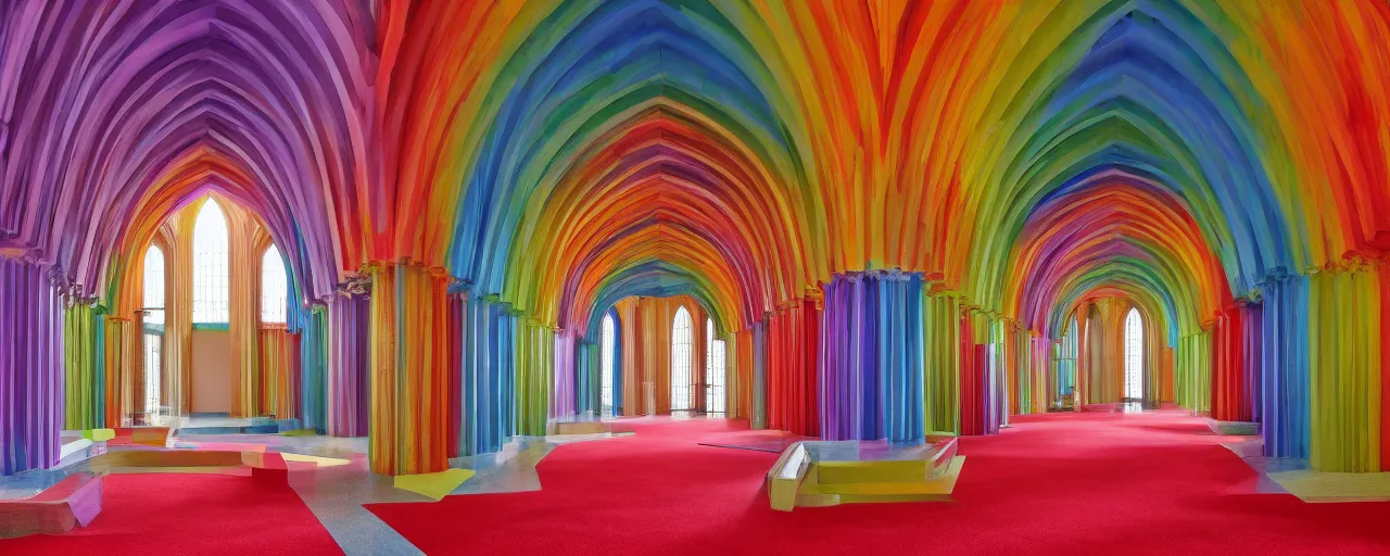 Prompt: Colorful Brutalism Gothic Castle interior and rooms with red carpet flooring and greek architecture arches. Rainbow colors shine through the halls.