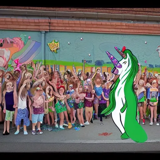 Prompt: by john cassaday moss green. a street art of a pantomime unicorn onstage, surrounded by a group of children who are clapping & cheering. the unicorn is wearing a sparkly costume & has a long, flowing mane. its horn is glittering & its eyes are wide open.