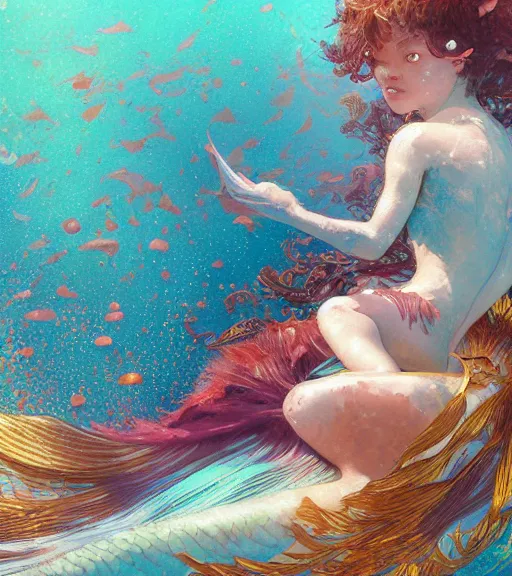 Prompt: harmony merman brown haired cute jimin, golden fins, under water swimming, colorful coral, muted colors, wlop, james jean, victo ngai, highly detailed, fantasy art by craig mullins, thomas kinkade
