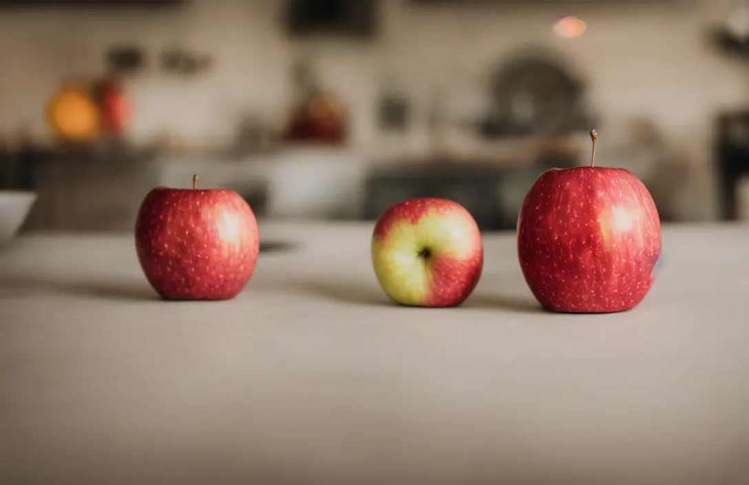 Image similar to an apple is sitting on the table of a 1 9 5 0 s era kitchen, sigma lens, strong bokeh, photography, highly detailed, 8 5 mm, f / 1. 3, dramatic lighting, 4 k