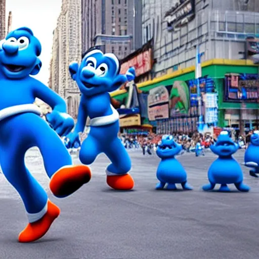 Prompt: smurfs break dancing in tines Square NYC photorealism 8k ultra high quality