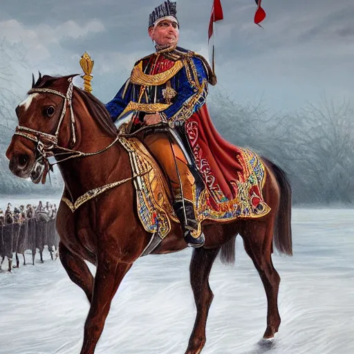 Image similar to an extremely realistic portrait depicting the coronation of viktor orban dressed in royal national costume, riding a horse on the frozen danube, detailed, intricate, elegant, highly detailed, digital painting, artstation, concept art, smooth, sharp focus, illustration,