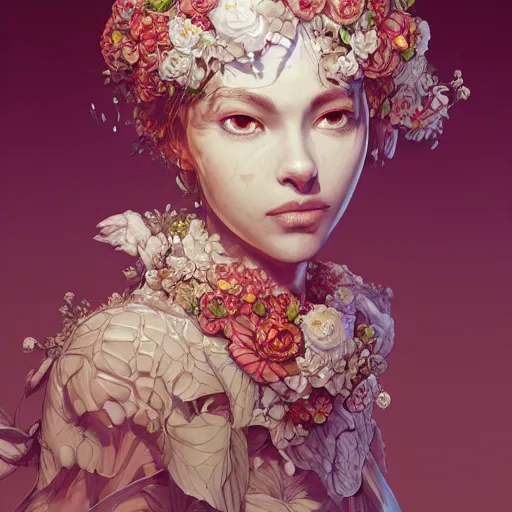 Image similar to the face of an absurdly beautiful, graceful, elegant, sophisticated mature woman of strawberries and white petals with tears, an ultrafine hyperdetailed illustration by kim jung gi, irakli nadar, intricate linework, bright colors, octopath traveler, final fantasy, unreal engine 5 highly rendered, global illumination, radiant light, detailed and intricate environment