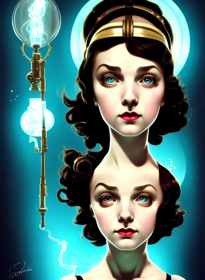 Image similar to symmetry!! portrait of a young elizabeth from bioshock, vintage dress, glowing headband!! underwater atmosphere, intricate, serene, highly detailed, digital painting, artstation, symmetric concept art, smooth, sharp focus, illustration, art by artgerm and greg rutkowski and alphonse mucha, 8 k