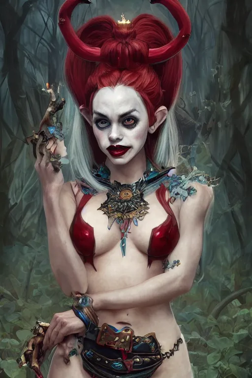 Image similar to portrait of harley quinn as a demon elf queen, forest, godlike, upper body, fantasy, intricate, elegant, highly detailed, digital painting, artstation, concept art, sharp focus, illustration, art by artgerm and greg rutkowski and alphonse mucha