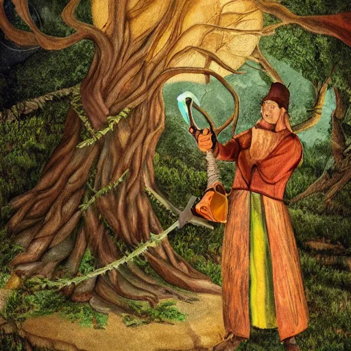 Image similar to a sorcerer holding secateurs in hand, preparing to cut a magic tree with its sap to summon a powerful being to aid them in their work, digital art