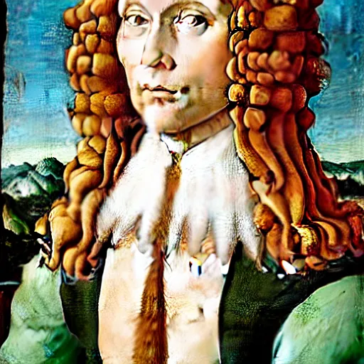 Image similar to beautiful renaissance painting portrait of ginger maine coon with white beard by sandro botticelli, jan van eyck, tiziano vecelli, piero della francesca