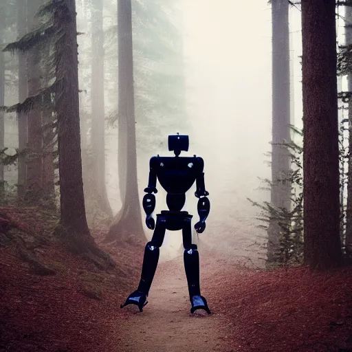 Image similar to Humanoid robot, sleek robot, advanced robot, walking through misty forest, Pacific Northwest, Polaroid