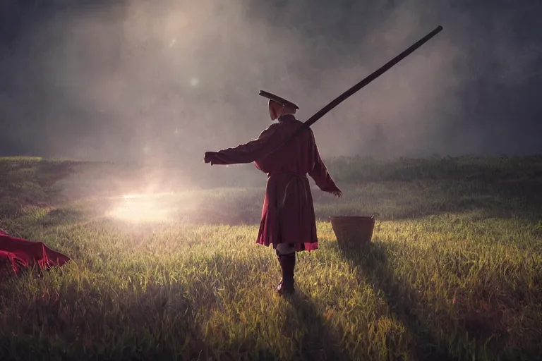 Image similar to theatre stage, romanian man in traditional romanian clothing with scythe, people, traditional romanian clothing, heystack, concept art, dramatic lighting, beautiful, volumetric lighting, colorful, octane render