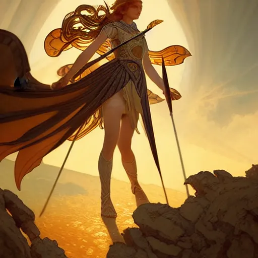 Prompt: An illustrationof a portrait of a young Knights of Zodiac girl, wings, fighting at ancinet Agora of Athens, ruins, Golden Light, illustration, art by artgerm and greg rutkowski and alphonse mucha, volumetric light, lightrays, smoke, cinematic, intricate, hypermaximalist, super detailed