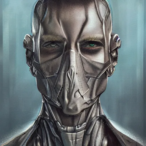 Prompt: a hyper - detailed fine painting of a synthetic man, dystopian concept art