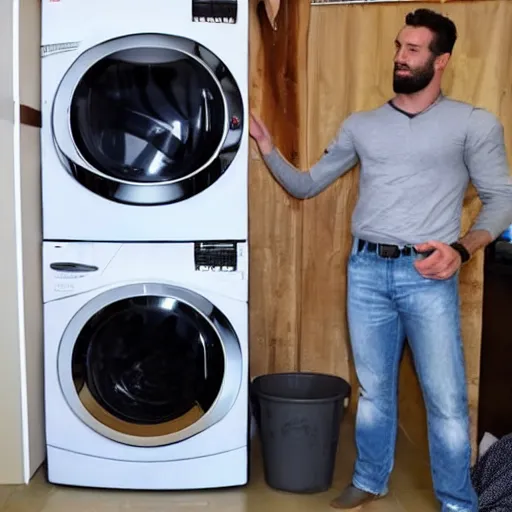 Prompt: A gigachad of a man is showing off his new washing machine