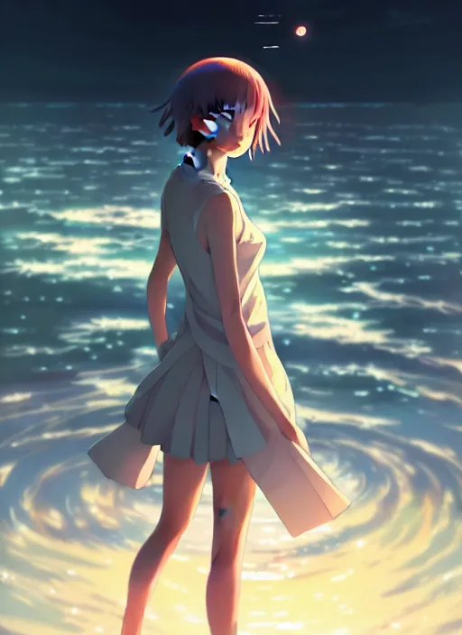 Image similar to anime girl walking on water, ripples, backdrop of dawn, saturn in the background, illustration, concept art, anime, key visual, trending pixiv fanbox by wlop and greg rutkowski and makoto shinkai and studio ghibli