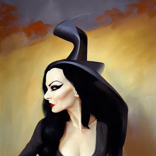 Image similar to greg manchess portrait painting of morticia from addams family as overwatch character, medium shot, asymmetrical, profile picture, organic painting, sunny day, matte painting, bold shapes, hard edges, street art, trending on artstation, by huang guangjian and gil elvgren and brom