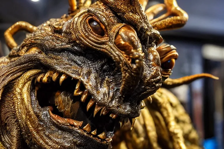 Prompt: photo taken of an epic intricate, ultra detailed, super realistic sculpture of a nightmarish hellish demonic creature on display in a workshop, created by weta workshop, zoomed in shots, photorealistic, sharp focus, f 0. 4, face centred, macro photography, golden ratio, golden hour