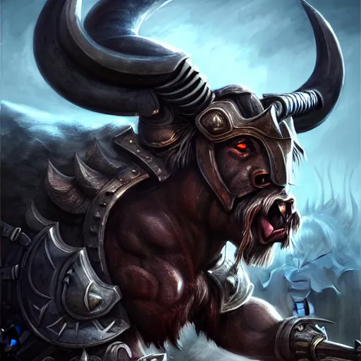 Prompt: epic bull headed minotaur beast in silver heavy armor wielding giant axe, artwork, vivid colors, concept art, greek mythology, detailed, modern design, dark fantasy, digital painting, artstation, d&d