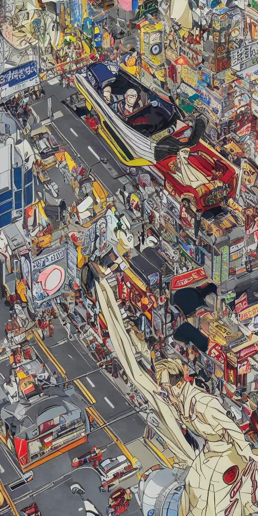 Prompt: a birds eye view focused on a man in a chariot in tokyo, drawn like the anime speed racer, full color