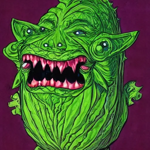 Prompt: horrific realistic cabbage monster with fangs and a forked tongue, by jack kirby very big, vibrant colors, red glowing eyes, concept art, detailed