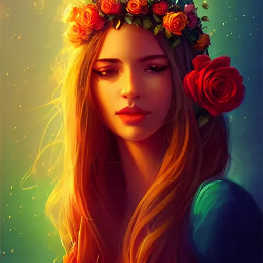 Image similar to beautiful charming goddess of sunshine and roses, character art portrait, deviantart artstation, by alena aenami, by michael whelan, behance hd, bokeh
