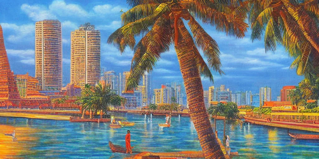 Image similar to colombo sri lanka cityscape, ocean, art by vladimir tretchikoff