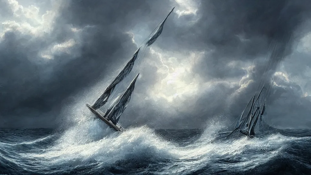 Image similar to a gigantic rat bursting out of a stormy sea attacking a small sail boat, wet fur, giant waves, sunbeams in background, intricate, detailed, volumetric lighting, sharp focus, scenery, photorealism, digital painting, highly detailed, concept art, by by aleski briclot and alexander'hollllow'fedosav and laura zalenga
