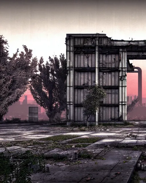 Prompt: a beautiful ultradetailed render of patio industrial architecture architecture unfinished building abandoned urbex city building nature by banksy, tundra cosmic bladerunner 2 0 4 9 at night nightsky myst postcyberpunk azeroth sunset thermal vision forest infrared san andreas, archdaily, wallpaper, highly detailed, trending on artstation.