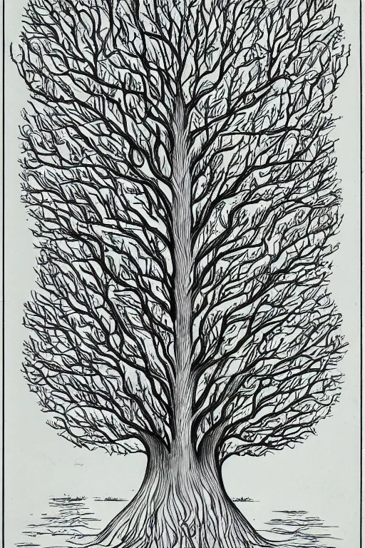 Image similar to a drawing of a tree with its roots in the water, an illustration of by edgar schofield baum, haeckel and alasdair gray, featured on deviantart, ecological art, photoillustration, fractalism, storybook illustration